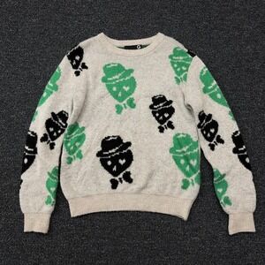 G by Guess Wool Blend Knit Sweater Mens M Oatmeal Green Skull Top Hat Bow tie